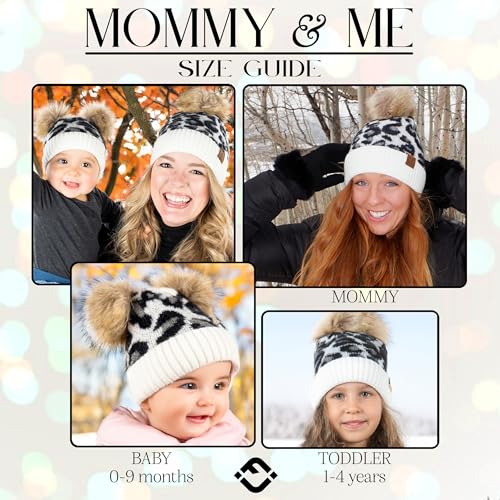 Funky Junque Mommy & Me Double Pom Beanies 3-Pack Matching Winter Hats for Mom, Toddler & Infant Girls, Cozy Knit Family Set - color: Leopard - Ivory