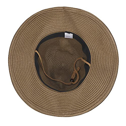 Men's Floppy Packable Straw Hat Beach Cap Newsboy Fedora Sun Hat, Big Brim, Adjustable Chin Strap - color: Coffee