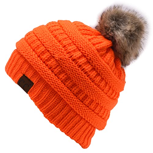 C.C Trendy Fuzzy Fleece Lined Warm Comfortable Soft Stretch Cable Knit Ribbed Faux Fur Pom Pom Beanie Hat - color: Neon Orange