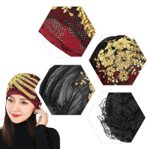 haozaikeji Women Flower Turban Hat Rhinestones Muslim Islamic Head Wrap African Pearl Turban Soft Stretchy Head Cover - color: Red-gold