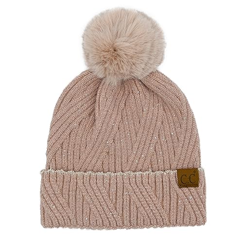 C.C Sequin Pom Beanie for Women - Acrylic Stretchable Soft Warm Knit Winter Skully Hat with Yarn Pom - color: Angora-rose