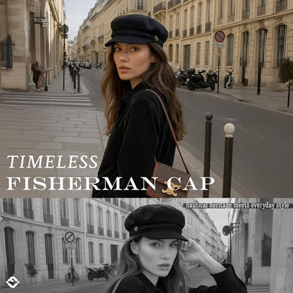 Funky Junque Greek Fisherman Newsboy Cap, Cotton Captains Bakerboy Hat - color: Black