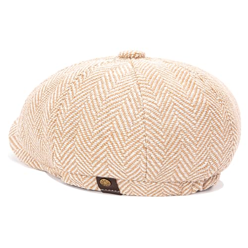 Men's Wool Newsboy Cap 8-Panel Tweed Taxi Hat Herringbone Gatsby Flat Hats - color: Khaki