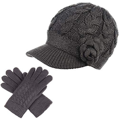 Womens Winter Elegant Cable Flower Knitted Newsboy Cabbie Cap Beret Beanie Hat with Visor, Warm Plush Fleece Lined - color: Charcoal Cable Flower-hat Gloves Set