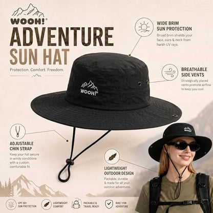 WOOH Sun Hats for Women,UPF80+ Wide Brim Foldable Bucket Hat with Adjustable Chin Strap,Summer Hat for Beach Hiking Gardening - color: Black