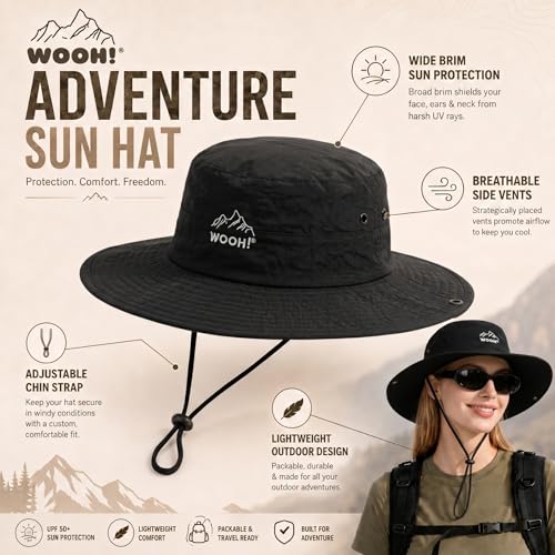 WOOH Sun Hats for Women,UPF80+ Wide Brim Foldable Bucket Hat with Adjustable Chin Strap,Summer Hat for Beach Hiking Gardening - color: Black