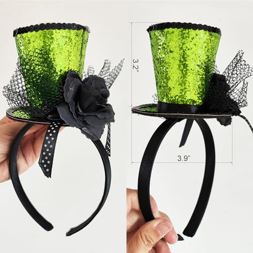 WLBON Halloween Mini Top Hat Headband 1920s Flower Sequins Hair Hoops Bands Fascinator Headpiece Hairband Women Christmas Holiday Festival Parade Cosplay Dress Up Birthday Tea Party Accessories Green - color: Green Tone
