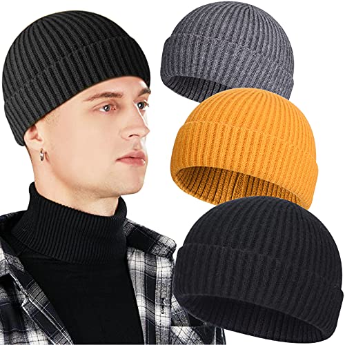 3 Pack Wool Fisherman Beanies for Men, Short Knit Watch Cap Cuffed Hats - color: #A-black, Gray, Yellow