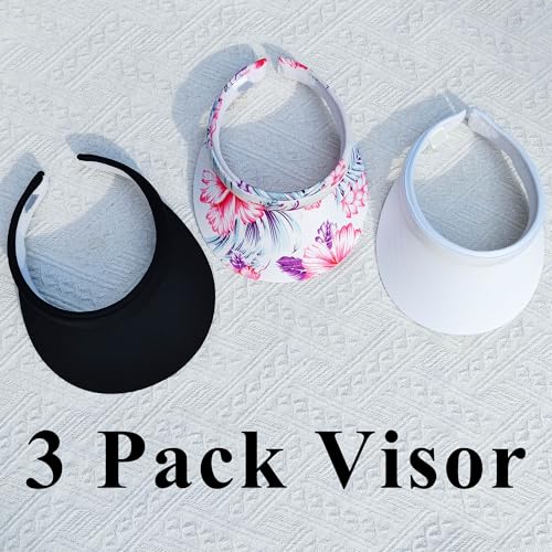 3 Pack Sports Sun Visor Hat Women Men Adjustable Clip On Visors Outdoor Golf Beach Cap - color: Black, White, Whiteflower