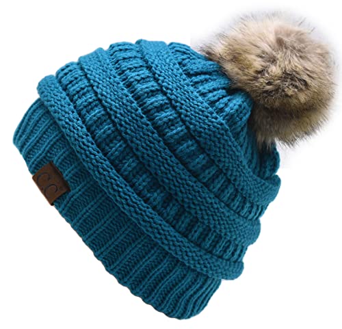 C.C Trendy Fuzzy Fleece Lined Warm Comfortable Soft Stretch Cable Knit Ribbed Faux Fur Pom Pom Beanie Hat - color: Teal Blue