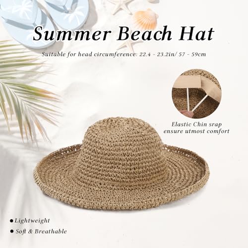Womens Wide Brim Straw Sun Hat, Floppy Summer Straw Beach Hats, Foldable Crochet Summer Travel Beach Sun Cap - color: Khaki