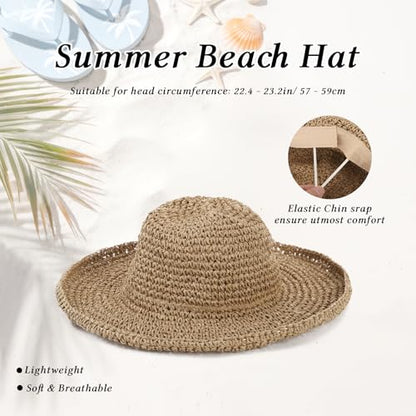 Womens Wide Brim Straw Sun Hat, Floppy Summer Straw Beach Hats, Foldable Crochet Summer Travel Beach Sun Cap - color: Khaki