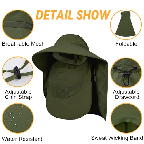 Sun Hats for Men Women Detachable Face Cover Wide Brim Fishing Hats with Neck Flap UPF 50+ Outdoor Safari Hats - color: Army Green