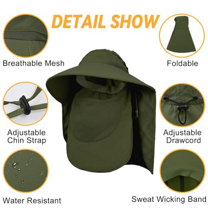 Sun Hats for Men Women Detachable Face Cover Wide Brim Fishing Hats with Neck Flap UPF 50+ Outdoor Safari Hats - color: Army Green