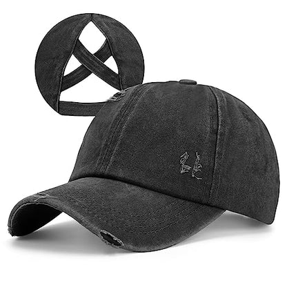 Criss Cross Ponytail Hat Women Washed Distressed Baseball Caps Adjustable High Messy Bun Ponycap - color: B - Denim Black