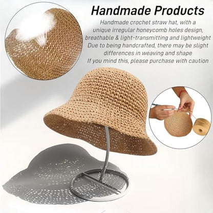 Floppy Big Beach Straw Hats for Women Foldable Summer Wide Brim Packable Sun Hat Womens Travel Straw Fedora Hat - color: Khaki-5