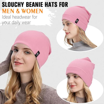 YANIKY Slouchy Beanie for Women, Mens Soft Cotton Beanie Hat, Double Layer Windproof Skull Cap for All Seasons - color: Pink