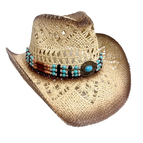 Carnavalife Straw Cowboy Hat for Women and Men, Western Cowgirl Hat with Turquoise Beaded Band for Rodeos and Festivals - color: Shaded Beige, size: 7 1/2