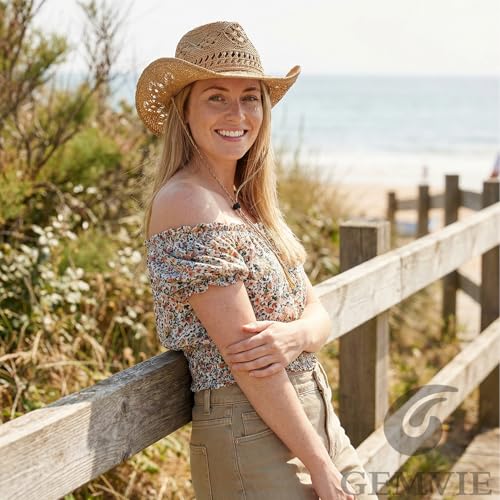 GEMVIE Men & Women's Summer Cowboy Cowgirl Straw Hat Hollow Out Style Roll Up Brim Cowboy Sun Hat - color: Coffee