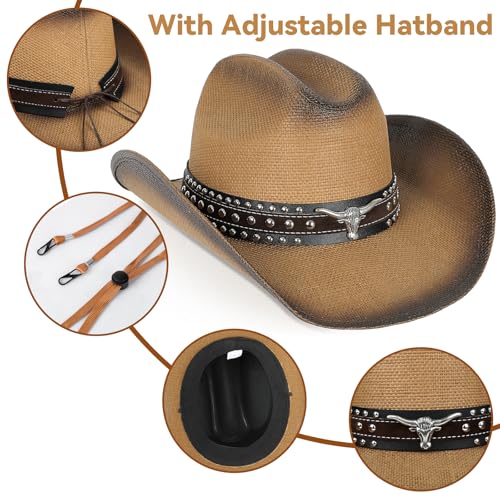 WQWOVRVO Cowboy Hat,Cowgirl hat,Brown Cowboy Hats for Women/Mens Straw Wide with Shapeable Brim Western Cowboy Hat for Womens - color: Brown & Coffee Color