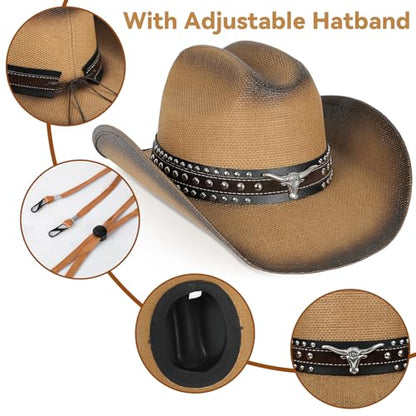WQWOVRVO Cowboy Hat,Cowgirl hat,Brown Cowboy Hats for Women/Mens Straw Wide with Shapeable Brim Western Cowboy Hat for Womens - color: Brown & Coffee Color