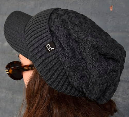 C.C Fuzzy Fleece Lined Warm Oversized Chunky Soft Stretchy Oversized Two Way Ribbed Slouchy Knit Hat with Visor Brim - color: Teal Grey