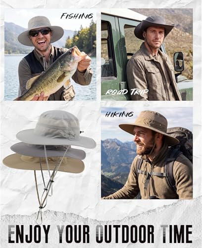 Connectyle UPF 50+ Wide Brim Sun Hat for Men Breathable Cowboy Boonie Hats Outdoor Bucket Hat for Fishing Hiking Safari - color: Light Khaki