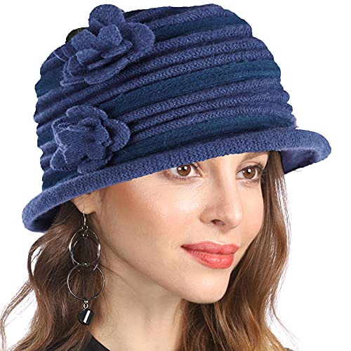 Vintage Women Floral Wool Dress Cloche Winter Hat 1920s - color: C025-blue With Blue
