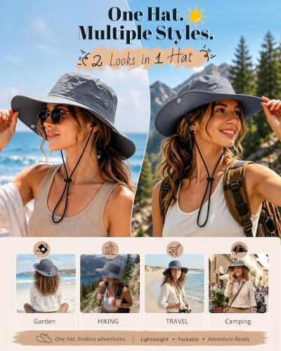 Wide Brim Waterproof Bucket Rain Hat for Women Men UPF50+ Cowboy Sun Hat - color: Grey