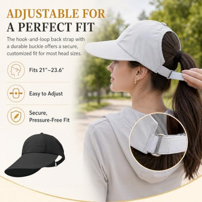 2 Pack UPF 50+ Sun Visor Hats for Women, Wide Brim Ponytail Baseball Cap, Foldable UV Protection Beach Hiking Hat