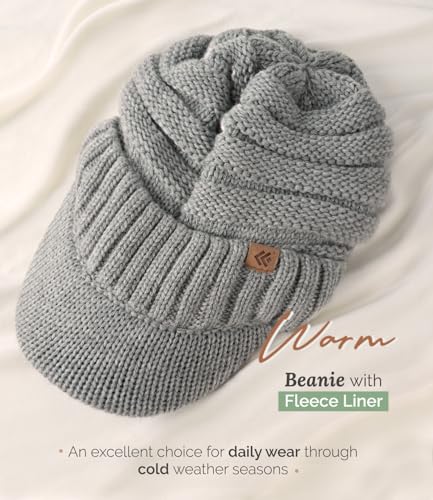Women Men Winter Beanie Hat with Visor, Warm Fleece Lined Beanie Cap, Thick Knit Cap Slouchy Hat with Brim - color: Heather Grey