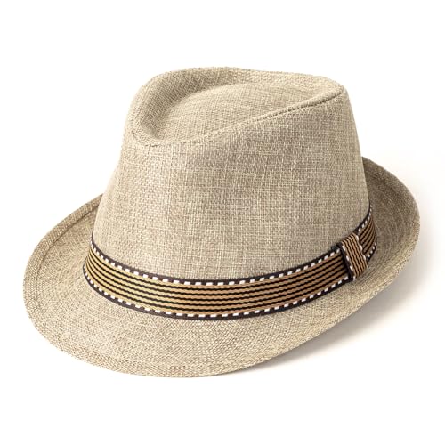 Lisianthus Mens Short Brim Summer Panama Fedora Trilby Sun Hat - color: Stripe Band Light Khaki