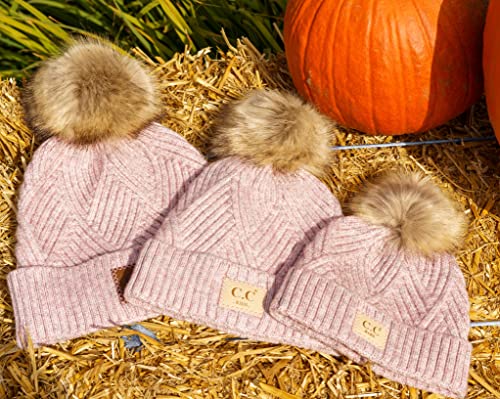 Funky Junque Mommy & Me Double Pom Beanies 3-Pack Matching Winter Hats for Mom, Toddler & Infant Girls, Cozy Knit Family Set - color: Adult/Toddler (Single Pom)/Infant (Double Pom) - Diagonal Stripes - Rose (3 Pack)