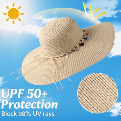 Women's Straw Sun Hat UPF80 UV Protection Foldable Wide Brim Summer Hat Sweatband Adjustable Floppy Beach Hats for Women - color: Beige-shell