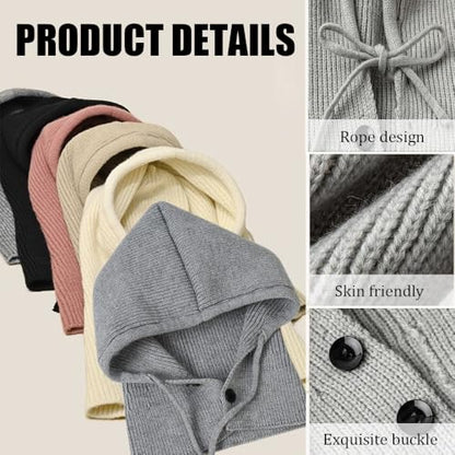 MIUP00 Windproof Warm Hooded Scarf Hat,Balaclava Women Winter Hats,Ladies Autumn and Winter Knitted hat Pullover,Off White - color: Grey
