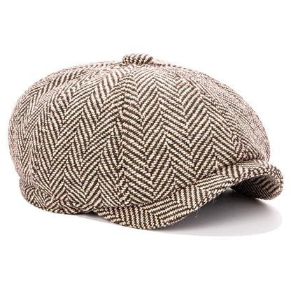 Men's Wool Newsboy Cap 8-Panel Tweed Taxi Hat Herringbone Gatsby Flat Hats - color: Coffee