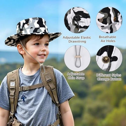 Kids Sun Hats for Boys Girls Bucket Hat UPF 50+ UV Protection Safari Hat Lightweight & Breathable Boonie Hat - color: 1 Pack-gray Camo