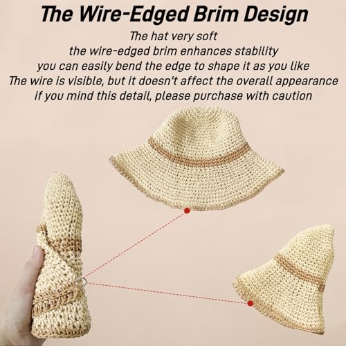 Floppy Big Beach Straw Hats for Women Foldable Summer Wide Brim Packable Sun Hat Womens Travel Straw Fedora Hat - color: Beige-khaki