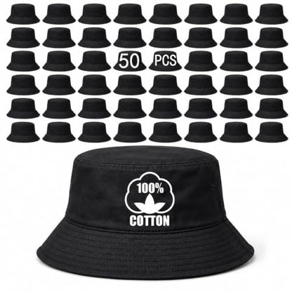 Bucket Hats Bulk Solid Color DIY Blank Hat Bucket Hats for Men, Women and Adults - color: 50 Pcs Black
