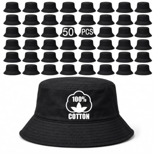 Bucket Hats Bulk Solid Color DIY Blank Hat Bucket Hats for Men, Women and Adults - color: 50 Pcs Black