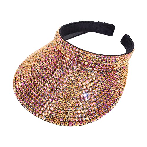 Haoohu Shiny Rhinestones Clip On Sport Sun Visor Hat for Women Men Outdoor Adjustable Wide Brim Summer Cap - color: Gold