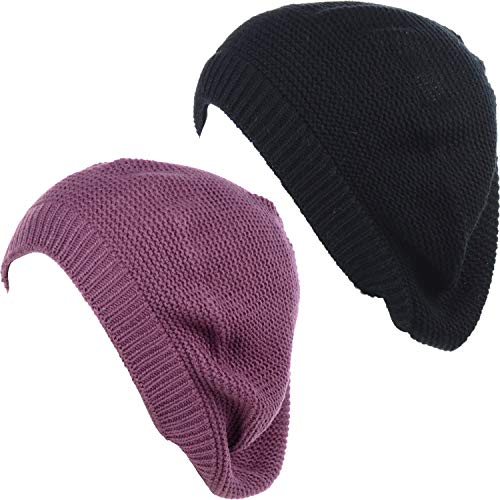 BYOS Chic French Style Lightweight Soft Slouchy Knit Beret Beanie Hat in Solid - color: 2-pack Plum & Black