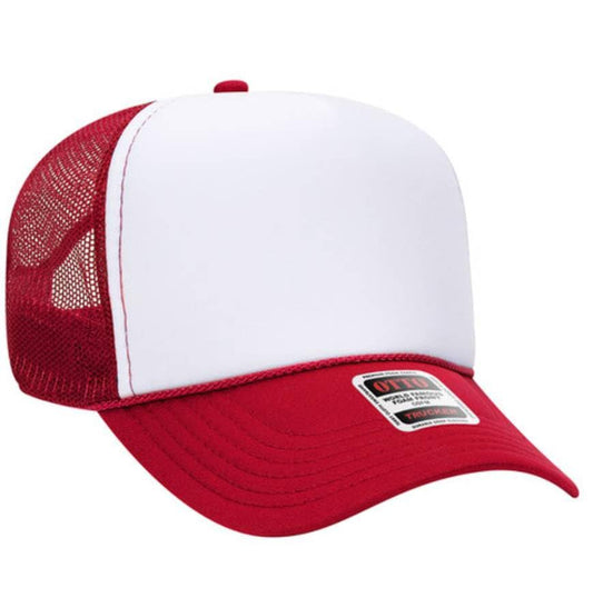 Otto Cap 5-Panel Mid Profile Mesh Back Trucker Hat, OS - color: Red/White