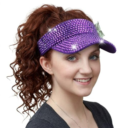 Women Shiny Rhinestone Bling Sun Visor Adjustable Tennis Beach Ponytail Hat - color: Purple Hat+purple Rhinestone