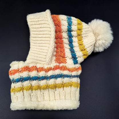 HUAMULAN Women Winter Knit Beanie Hats One Piece Fleece Lined Balaclavas - color: Beige + Colorful Stripe