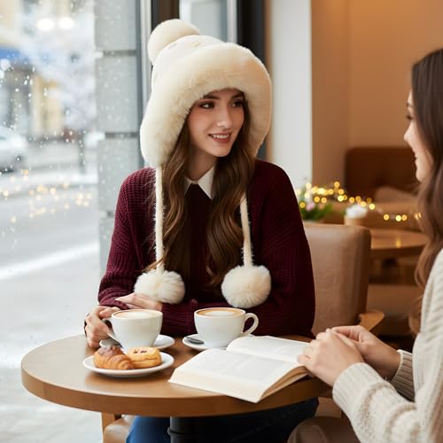 Women Winter Sherpa Beanie Hats Knit Ear Flap Hat Fleece Lined - color: Beige With 3 Pompoms