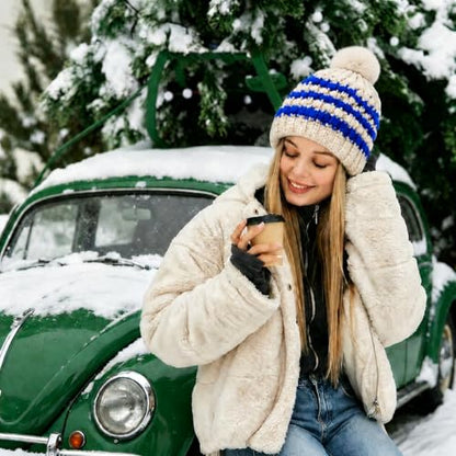 Winter Hats for Women Cable Knit Chunky Skull Cap Fleece Lined Thick Fold Cuff Beanie hat - color: Sky Blue & Cream Beanie, style: Pineapple