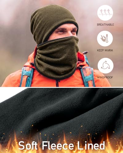 Winter Mens Beanie Hat Scarf Set Fleece Lined Windproof Ski Skull Cap Women - color: Khaki+grey