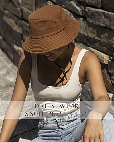 FURTALK Bucket Hats for Women Washed Cotton Packable Summer Beach Sun Hats Bucket Hat with Strings for Travel - color: Dark Orange