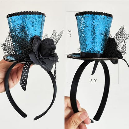 WLBON Halloween Mini Top Hat Headband 1920s Flower Sequins Hair Hoops Bands Fascinator Headpiece Hairband Women Christmas Holiday Festival Parade Cosplay Dress Up Birthday Tea Party Accessories Blue - color: Blue Tone